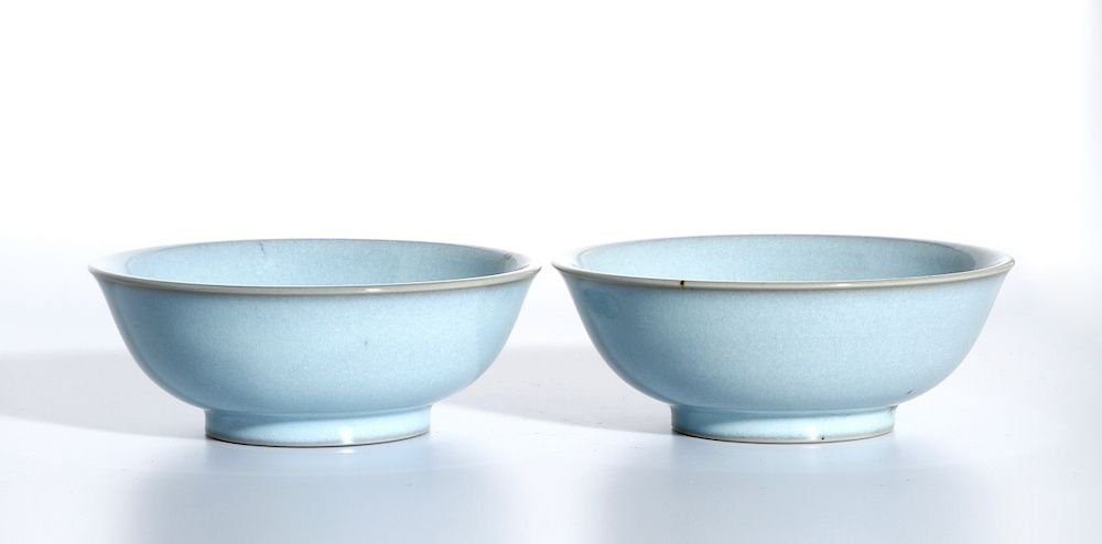 Appraisal: Pair of Chinese Ru Type Bowls ROC period sturdily potted