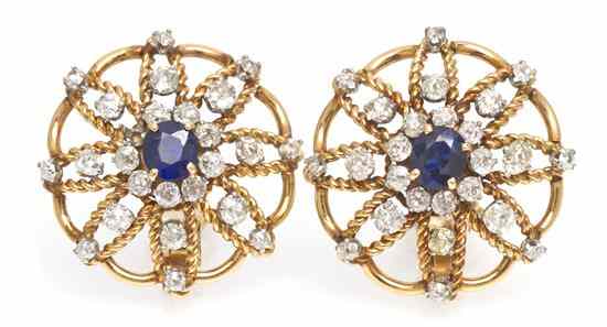 Appraisal: A Pair of Vintage Yellow Gold Diamond and Sapphire Earclips