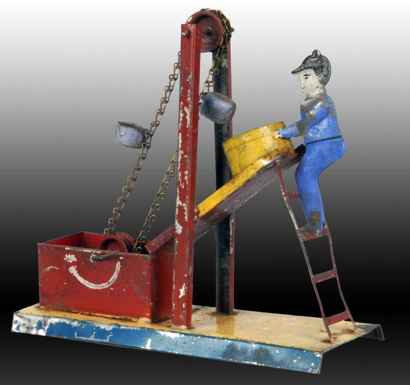 Appraisal: Early American Tin Hand-Painted Sand Toy Description Lever-activated When you