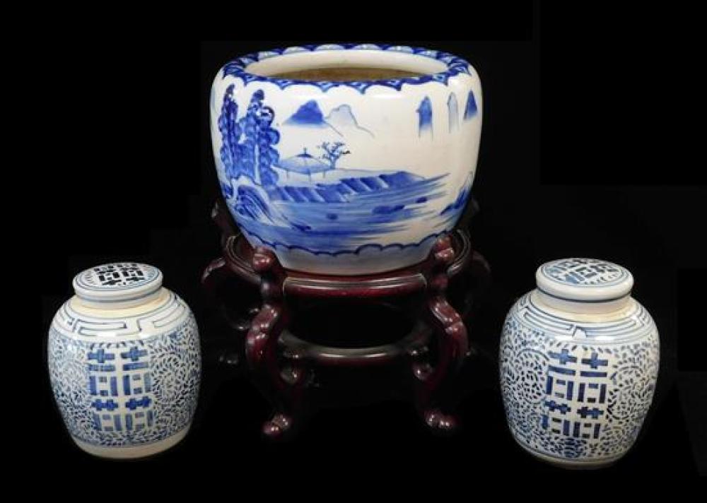 Appraisal: ASIAN Three Chinese blue and white porcelain pieces including jardinere