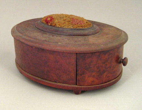 Appraisal: Pennsylvania burl veneer oval sewing box early th c with