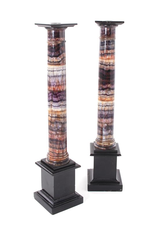 Appraisal: Pair Georgian Derbyshire Spar 'Blue John' columnal candlesticks circa highly