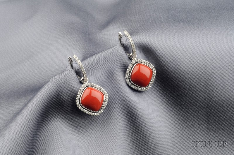 Appraisal: kt White Gold Coral and Diamond Earpendants each set with