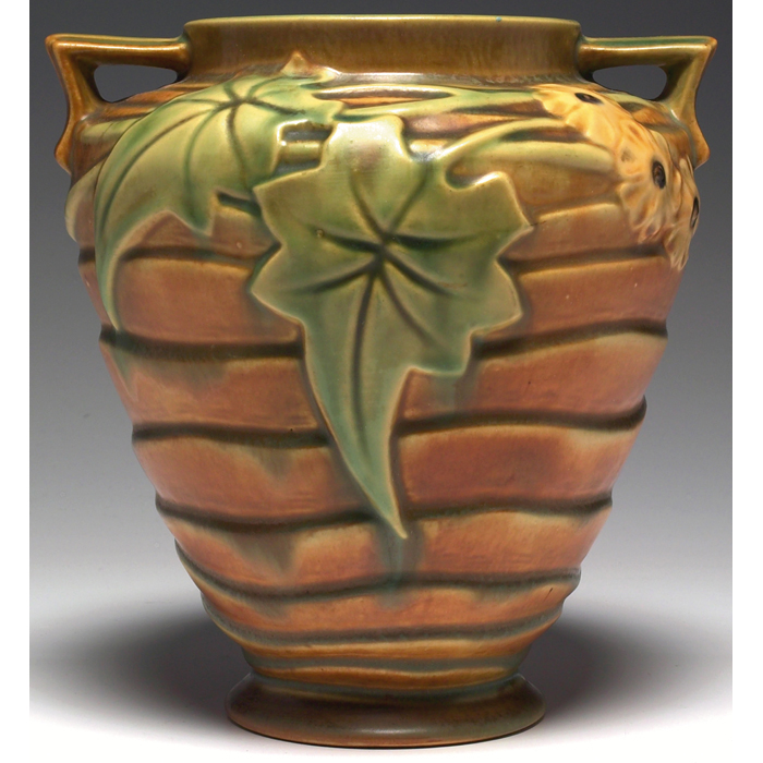 Appraisal: Roseville Luffa vase double handled and shouldered form in green