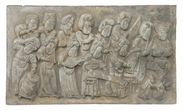 Appraisal: Chinese cast figural figural panel depicting group of Tang style