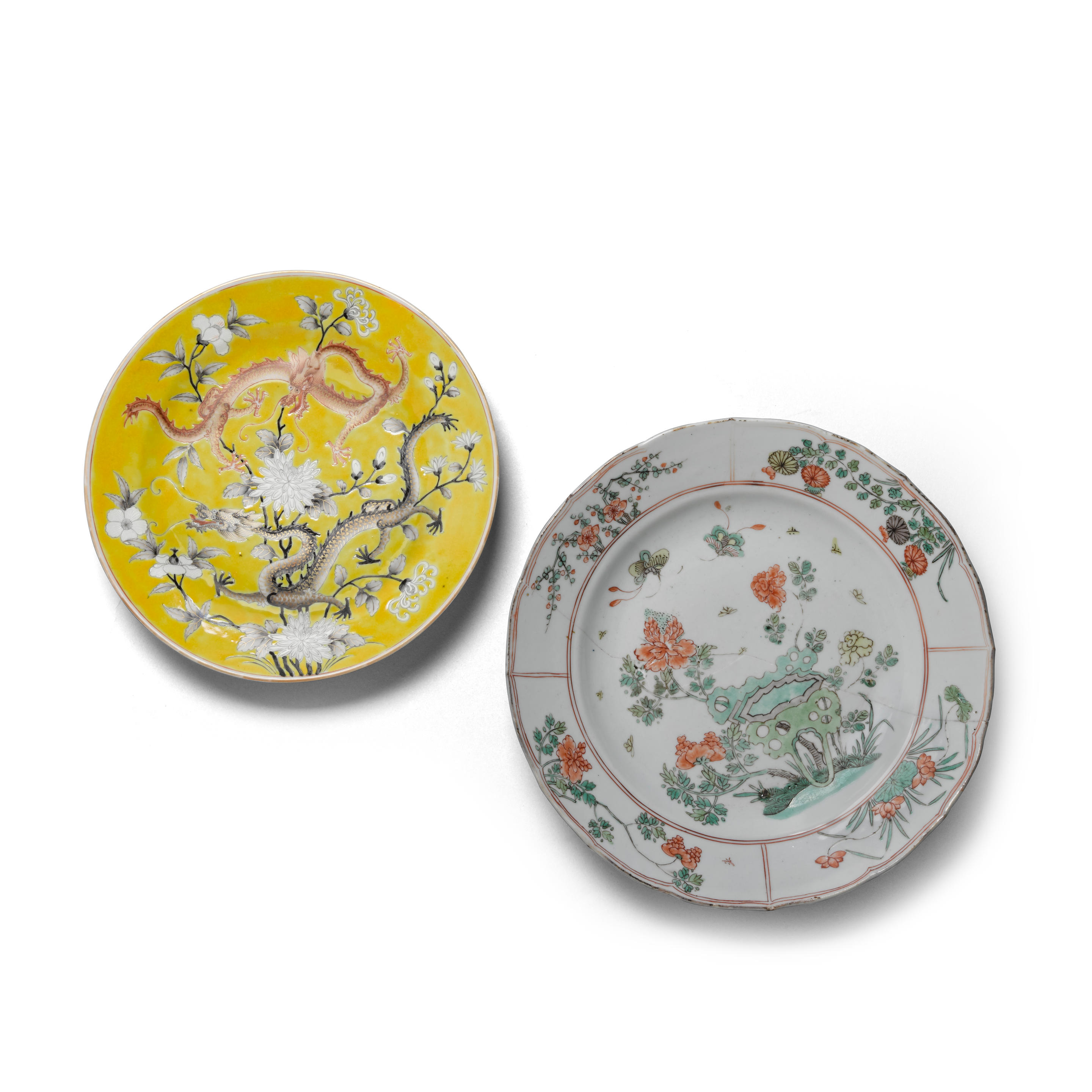 Appraisal: TWO ENAMELED PORCELAIN DISHES Yellow-ground dish Xielin Zhuren zao mark