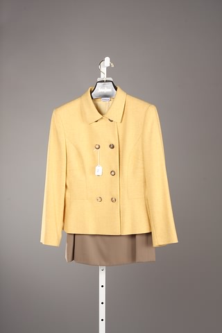 Appraisal: Akris gold double-breasted flared jacket and taupe skirt Approx size