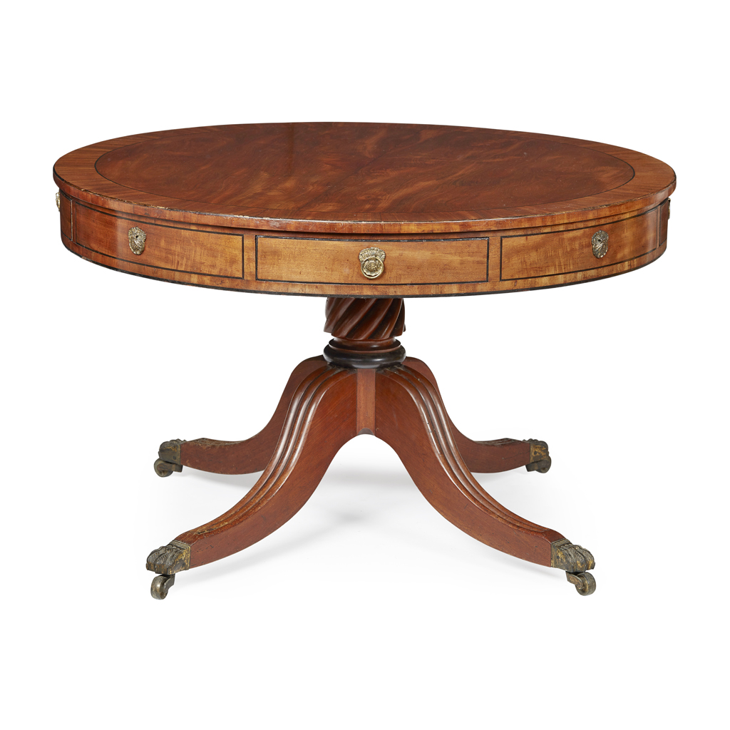 Appraisal: REGENCY STYLE MAHOGANY AND EBONY DRUM TABLE EARLY TH CENTURY