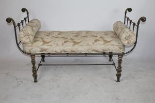 Appraisal: Scrolled iron bench with upholstered seat Scrolled iron bench with