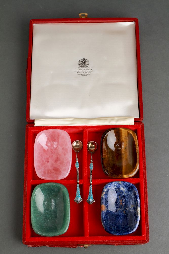 Appraisal: Asprey Hardstone Salts Group of w Spoons Asprey hardstone salts