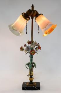 Appraisal: American Tole Porcelain Floral Art Glass Lamp UNITED STATES EARLY