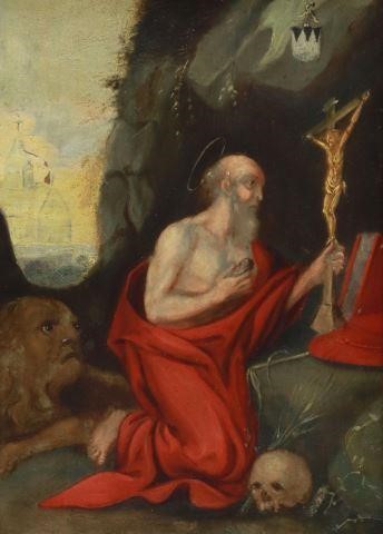 Appraisal: Framed oil on copper painting Saint Jerome depicted kneeling in