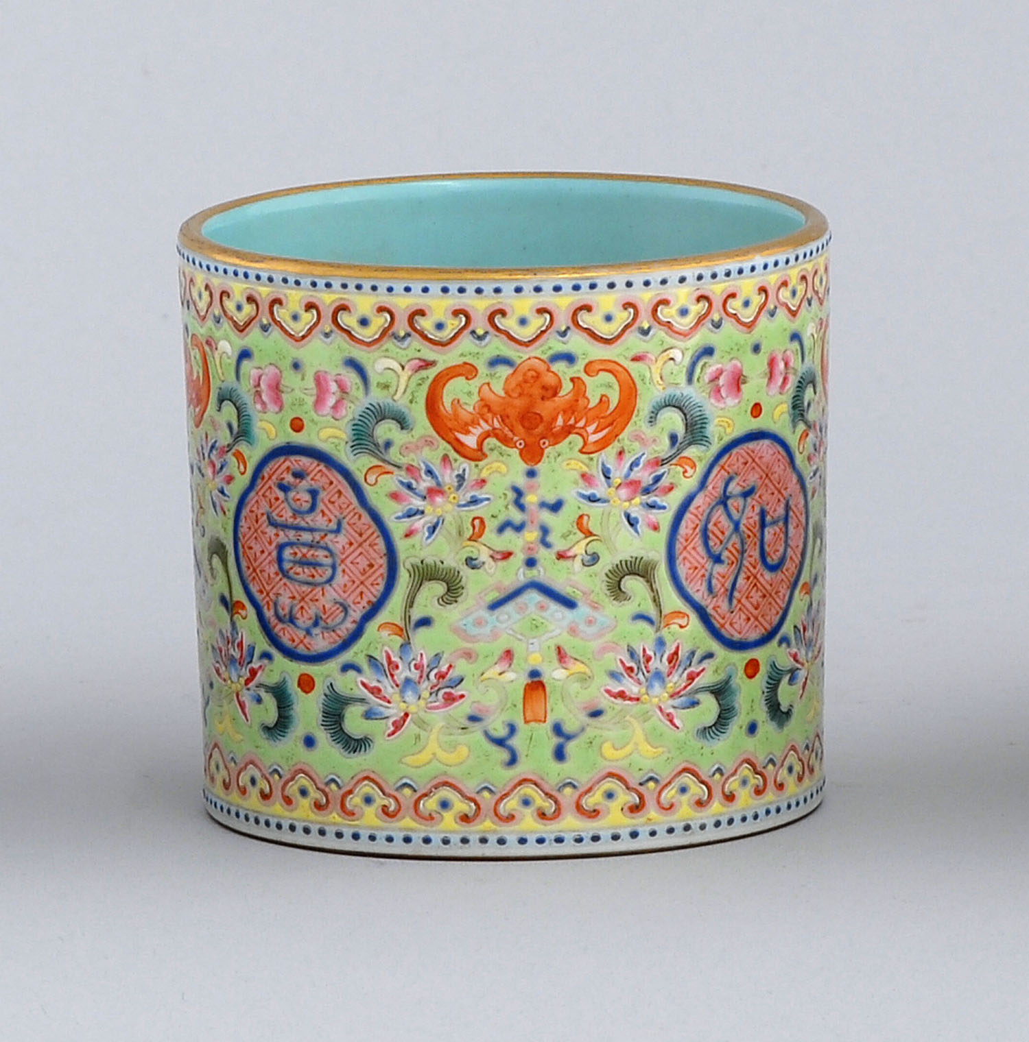 Appraisal: PORCELAIN BRUSH POT Circa In cylinder form with bat flower