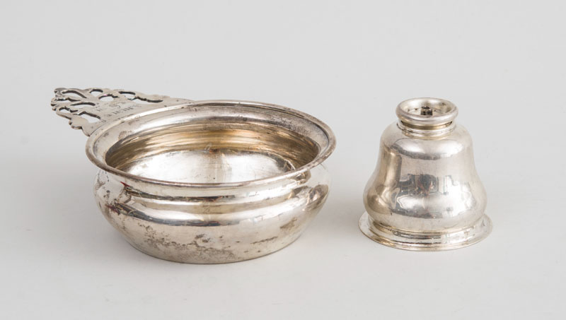 Appraisal: AMERICAN SILVER PORRINGER WITH LATER INSCRIPTION AND A SILVER BELL-FORM