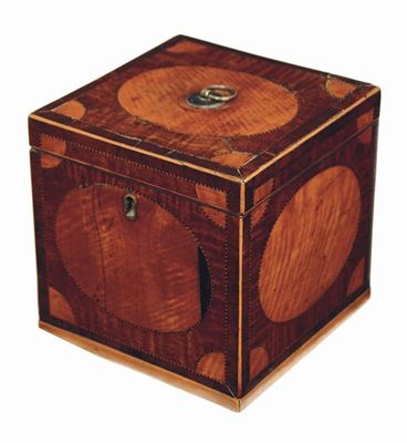 Appraisal: A George III mahogany and satinwood cube shaped tea caddy