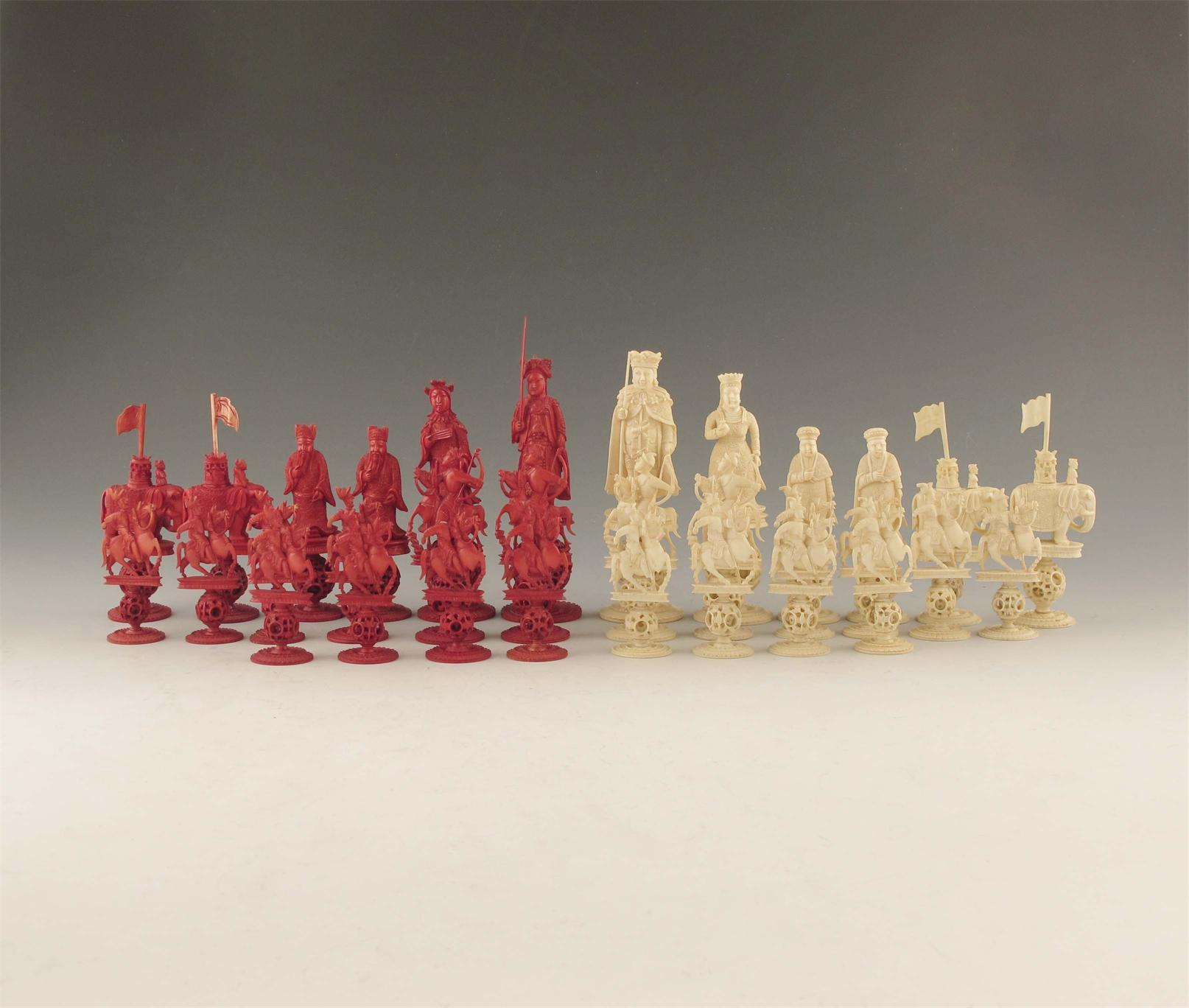 Appraisal: A Chinese Export carved ivory figural chess set