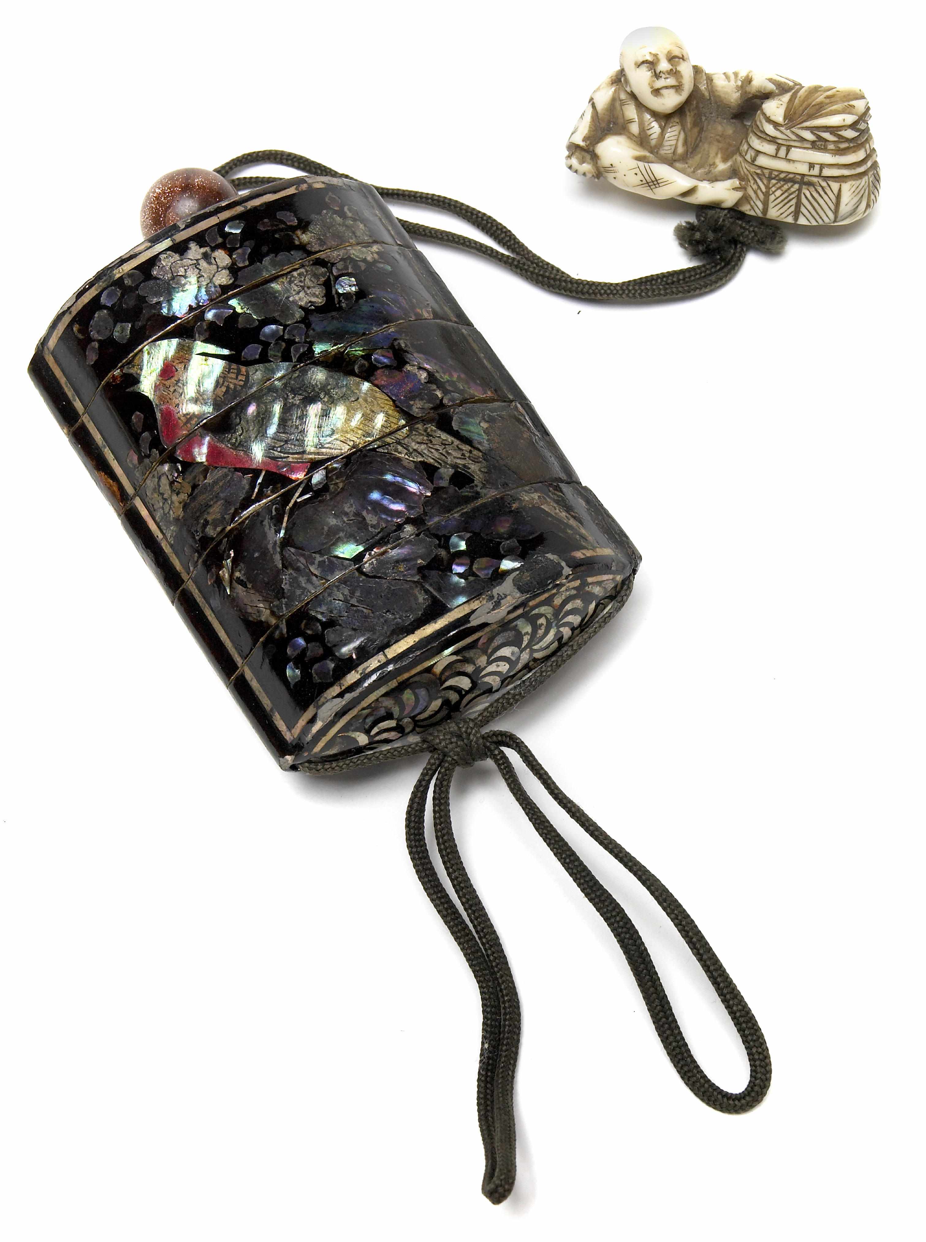 Appraisal: A Japanese mother of pearl inlaid black lacquer inro late