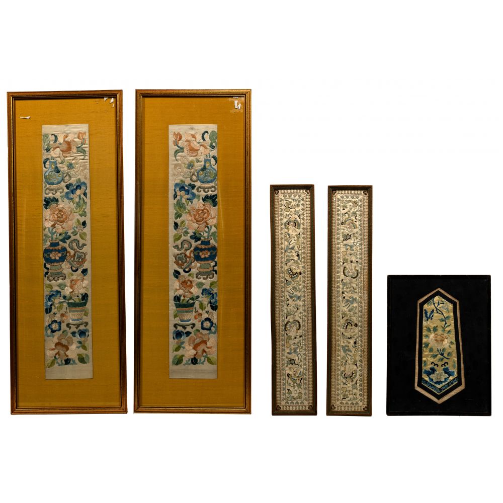 Appraisal: CHINESE EMBROIDERED PANEL ASSORTMENT pairs of panels stitched on white