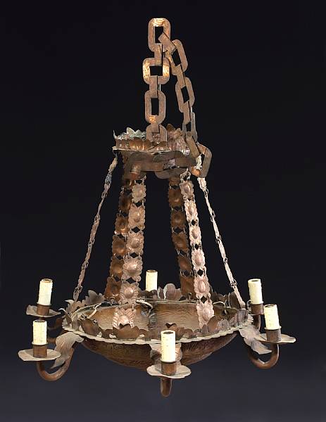 Appraisal: A Spanish Baroque style copper six light chandelier approximate height