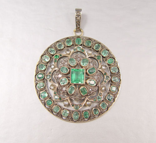 Appraisal: K EMERALD DIAMOND AND SEED PEARL PENDANT An K round