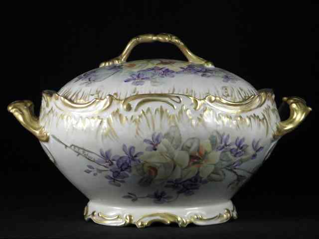 Appraisal: French Limoges hand painted floral tureen Gilt highlights with a