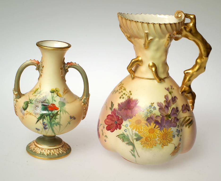 Appraisal: ROYAL WORCESTER BLUSH IVORY TWO-HANDLED PEDESTAL VASE printed and painted