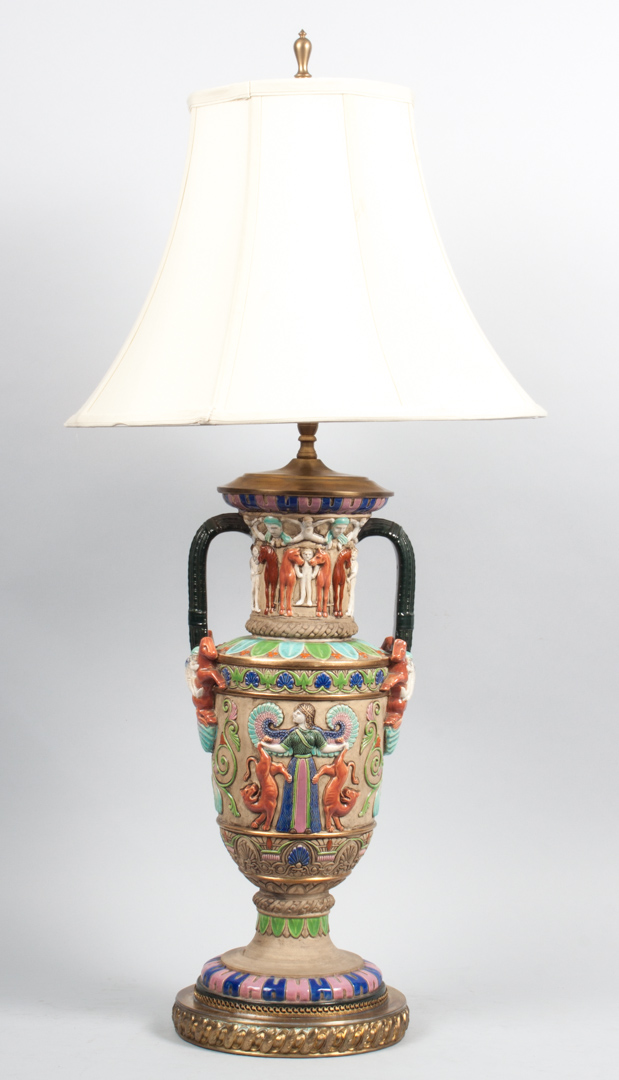 Appraisal: Etruscan Revival style majolica lamp with Classical style relief decoration