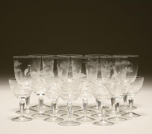 Appraisal: Crystal stemware eight water glasses etched with various avian scenes