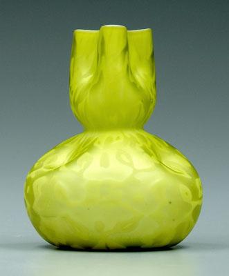 Appraisal: Mother-of-pearl satin glass vase pinched top canary yellow flower and