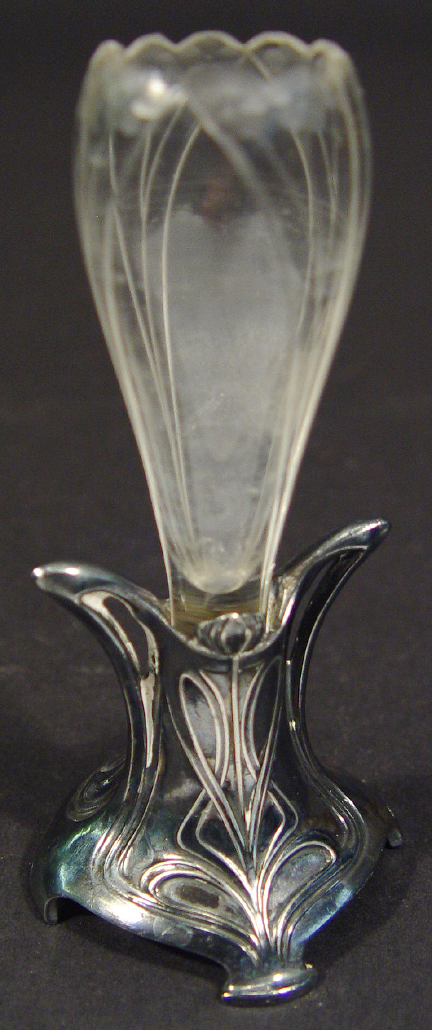 Appraisal: WMF Art Nouveau silver plated bud vase with engraved glass