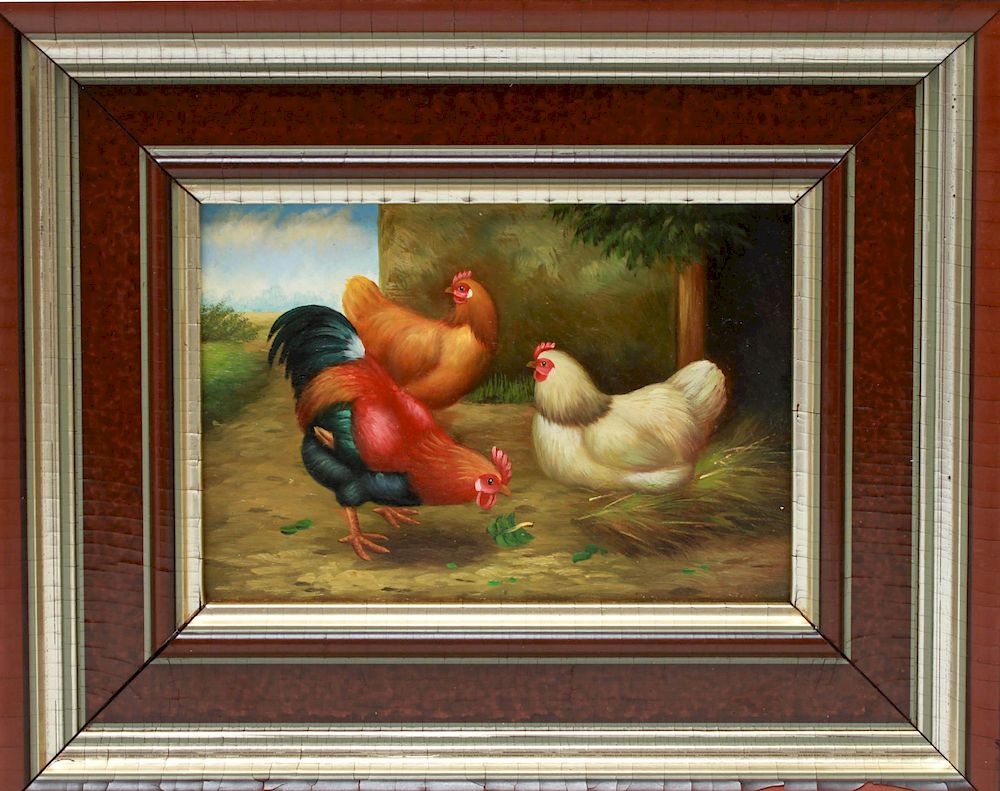 Appraisal: Rooster Two Hens Chickens Oil on Wood Panel Rooster and