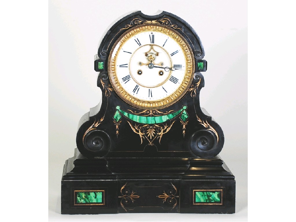 Appraisal: VICTORIAN BLACK SLATE AND VERDIGRIS MARBLE INLAID MANTEL CLOCK two