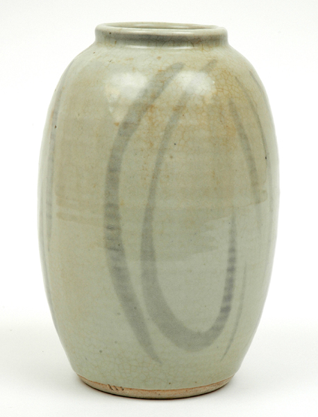 Appraisal: HAROLD HUGHAN Victoria circa Ovoid earthenware vase decorated with circular