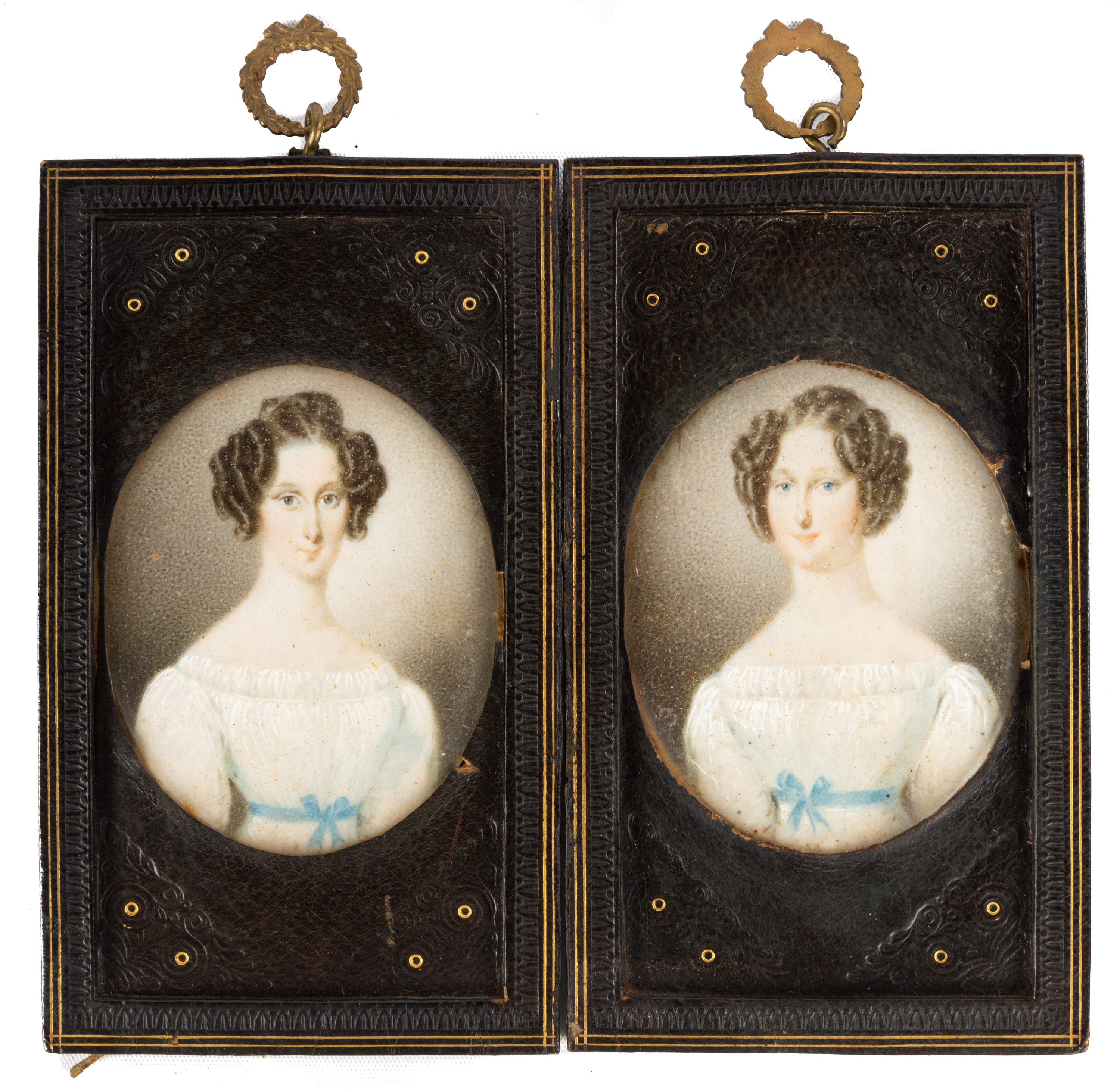 Appraisal: EARLY TH CENTURY WATERCOLOR MINIATURE PORTRAITS OF TWO SISTERS leather