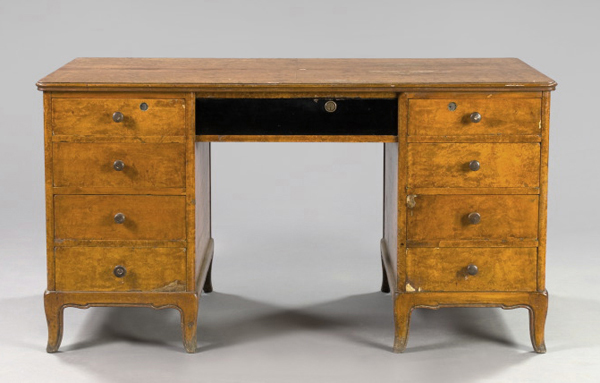 Appraisal: Argentinean Ebonized and Burlwood Double-Pedestal Desk ca the oblong ogee-molded