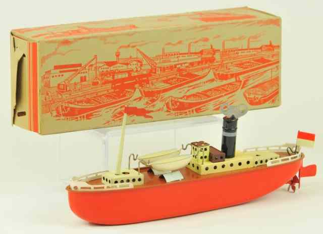 Appraisal: FLEISHMANN BOXED CARGO SHIP Germany clockwork powered lithographed tin ship