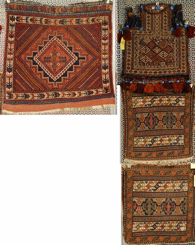 Appraisal: FOUR PERSIAN WEAVINGS th century including PAIR OF SOUMAC BAG