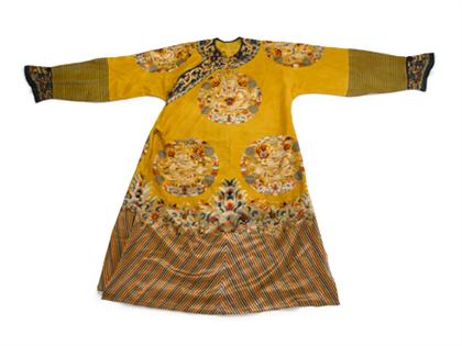 Appraisal: Fine and large Chinese yellow ground silk embroided robe late