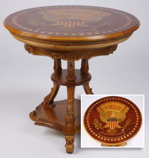 Appraisal: American Eagle marquetry inlaid table Italian center table the burl