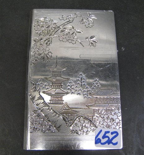 Appraisal: A JAPANESE SILVER PRESENTATION CARD CASE engraved teahouse landscape scene