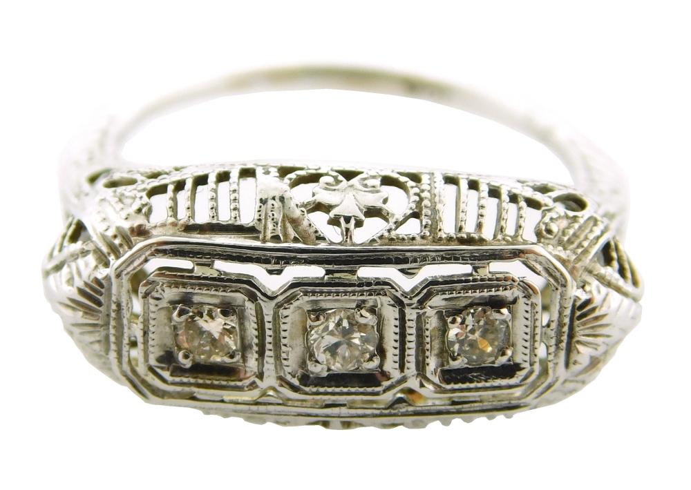 Appraisal: JEWELRY k Filigree three Diamond Ring filigree mounting is stamped