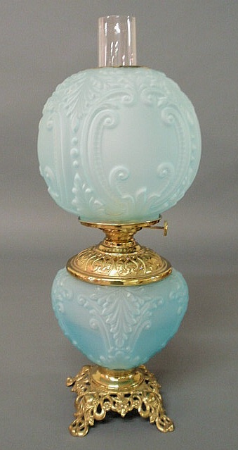 Appraisal: Blue glass Gone-With-The-Wind lamp the brass burner signed Climax h