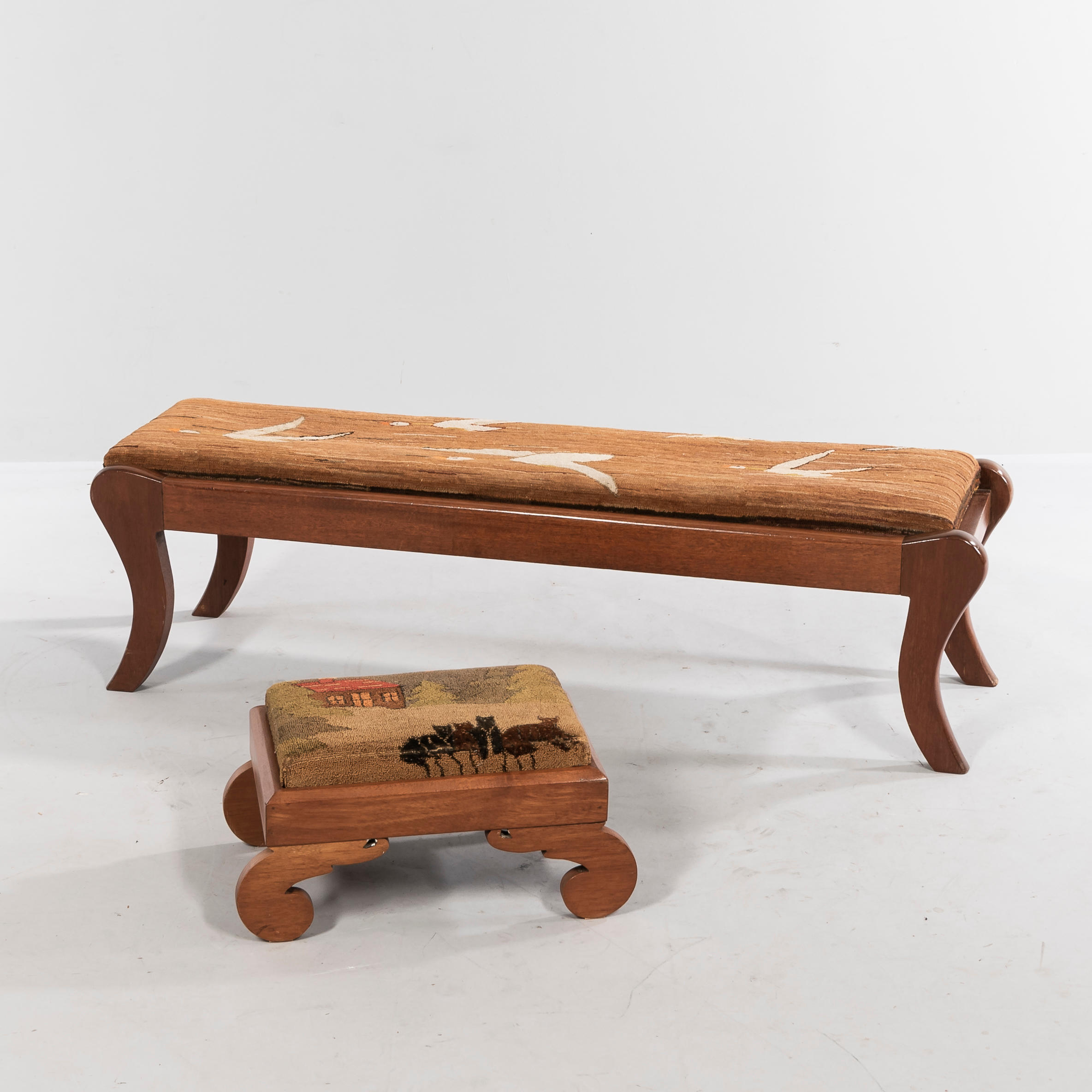 Appraisal: CLASSICAL-STYLE EMBROIDERED BENCH AND STOOL mahogany bench and maple stool