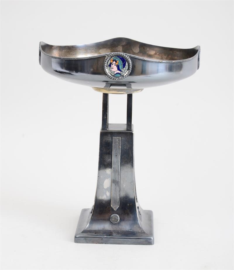 Appraisal: SECESSIONIST ENAMEL-MOUNTED SILVER-PLATED TAZZA Rubbed mark with letters in diamond