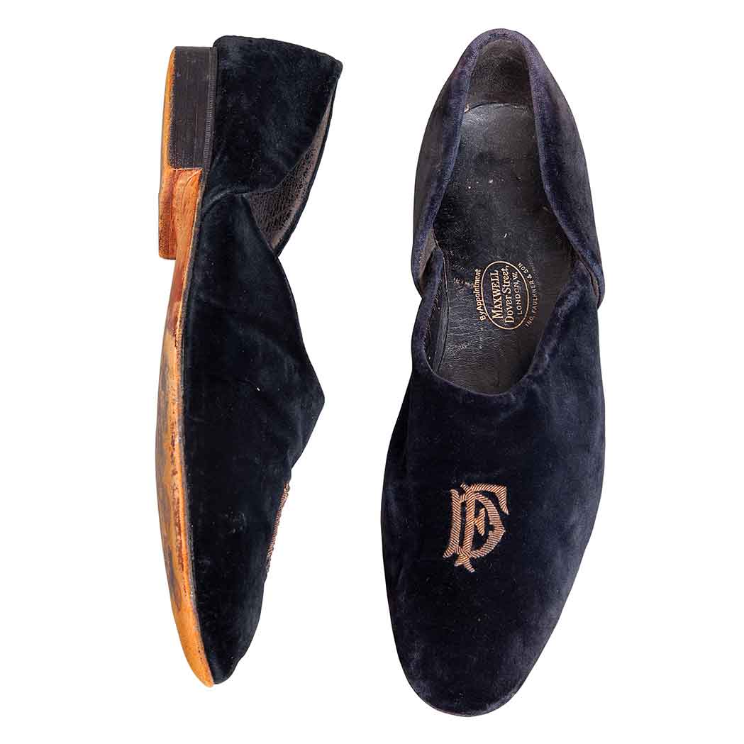 Appraisal: Pair of Monogrammed Evening Slippers Midnight blue velvet with gold