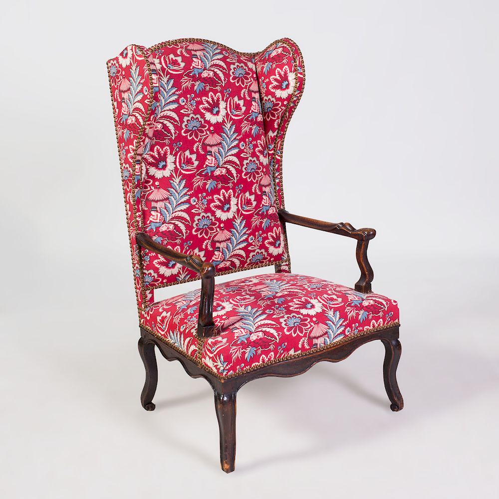 Appraisal: R gence Beechwood Fauteuil la Reine Upholstered in Indian cotton