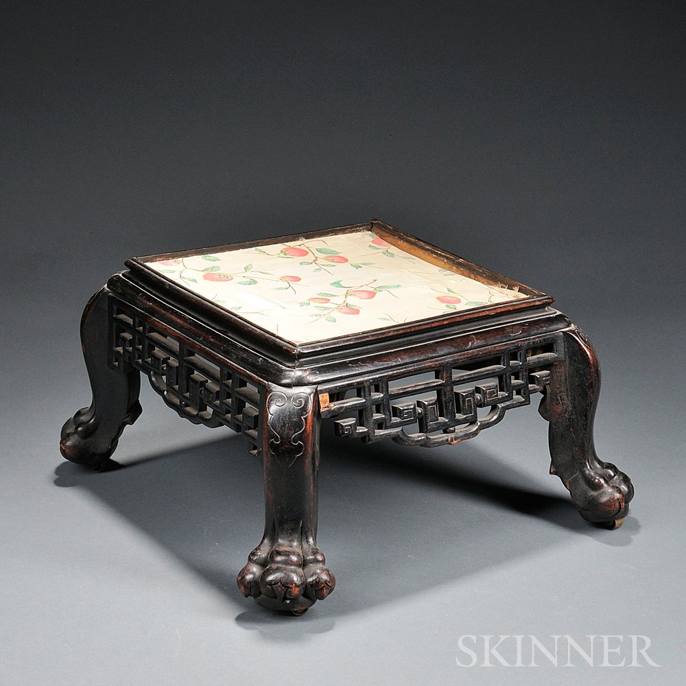 Appraisal: Teak Low Stand China with a carved scroll openwork apron