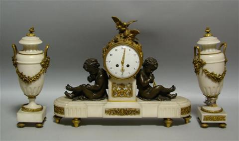 Appraisal: TIFFANY CO THREE-PIECE BRONZE AND WHITE MARBLE CLOCK GARNITURE Retailed