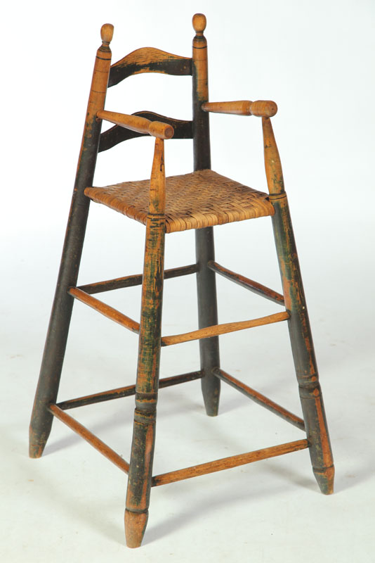 Appraisal: HIGH CHAIR American th century maple Canted form with turned