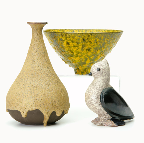 Appraisal: JAMES LOVERA Three items a bird figurine a flaring bowl